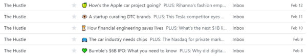 An image showing email subject lines with emojis from The Hustle. Each subject line has a different, relevant emoji that corresponds to the copy: a green apple, eye, hour glass, blue car, and green heart.