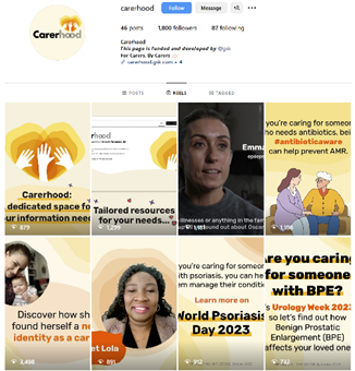 Screenshot of Carerhood's Instagram profile. The profile has 46 posts, 1,800 followers, and features a bio stating that the page is funded and managed by GSK. The grid includes various posts with images, text, and graphics about caregiving, health awareness, and personal stories, including topics like World Psoriasis Day and Urology Week.