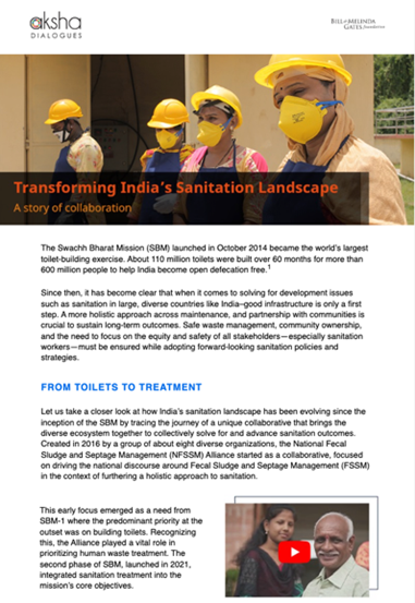 Aksha Dialogues newsletter title in a banner is set against a striking image of sanitation workers in India wearing protective masks and hard hats. The thumbnail image attracts readers to view the accompanying video by representing residents who have benefitted from the Swachh Bharat Mission featured in the newsletter.
