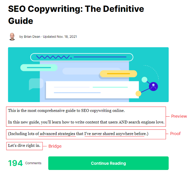 Example of preview, proof, bridge approach to content introductions or ledes.