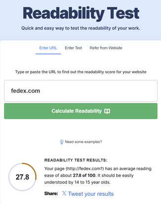 In this example, it evaluates the Fedex.com website and concludes it has a reading ease of 27.8 out of 100 and is targeted at 14- and 15-year-olds.
